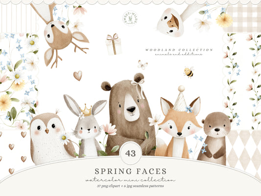 Spring Woodland Faces - Clipart, Spring Forest Portraits, Cute Baby Animals, Nursery | 43 PNG/JPEG