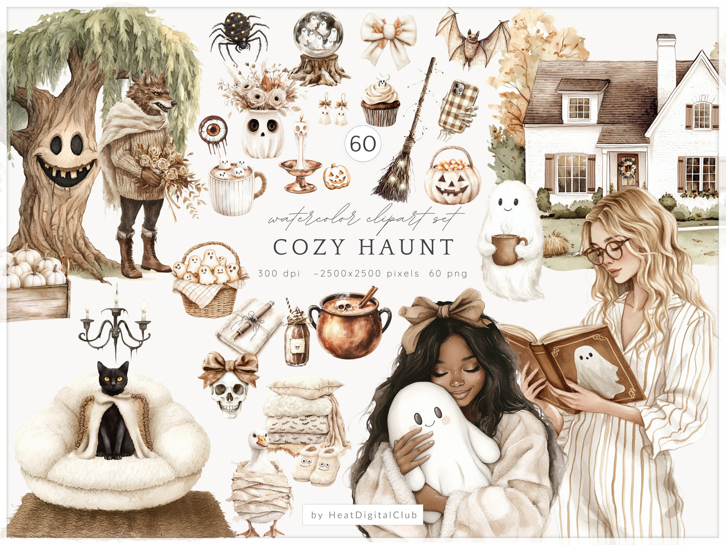 Cozy Haunt - Collection Bundle, Neutral Halloween Clipart, Autumn Ghost | 95 PNG/JPEG