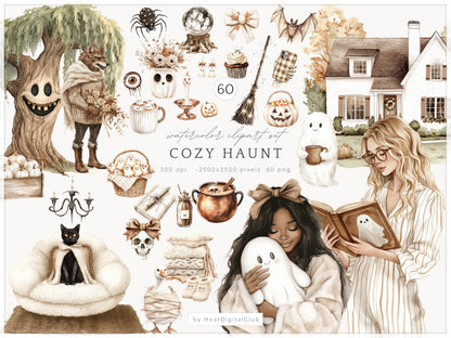 Cozy Haunt - Collection Bundle, Neutral Halloween Clipart, Autumn Ghost | 95 PNG/JPEG