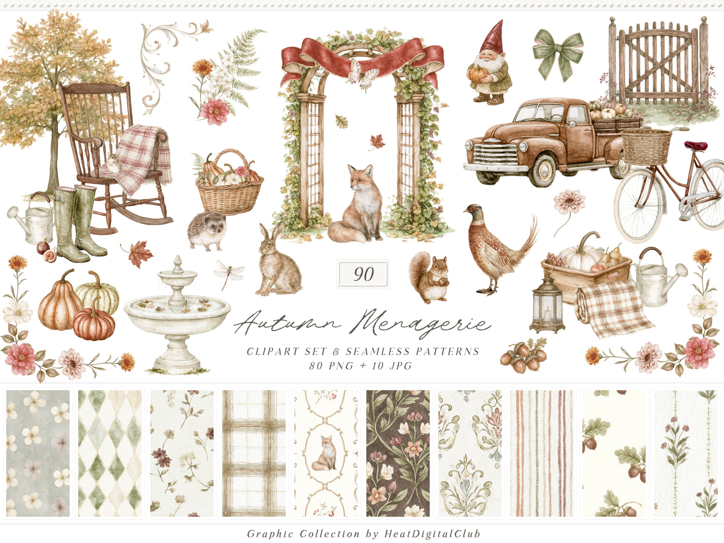 Autumn Menagerie - Watercolor Fall Clipart and Seamless Patterns Bundle, Rustic Garden Graphics | 90 PNG/JPEG
