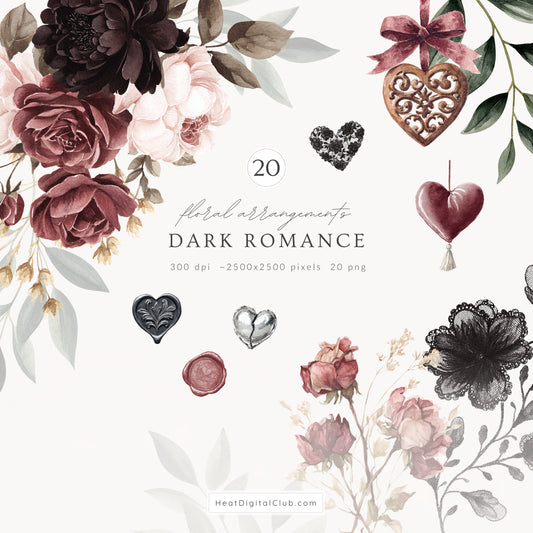 Dark Romance - Floral Arrangements, Burgundy Rose, Gothic Valentine Bouquets, Cottagecore | 20 PNG