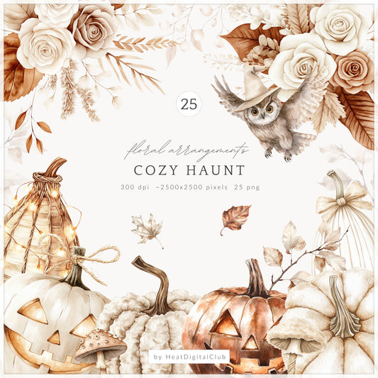 Cozy Haunt - Floral Arrangements Clipart, Fall Halloween Pumpkins | 25 PNG