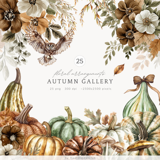 Autumn Gallery - Floral Arrangements Clipart, Fall, Green Beige, Pumpkins | 25 PNG