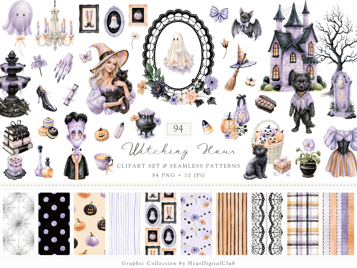 Witching Hour - Watercolor Halloween Clipart & Seamless Patterns Bundle, Spooky Witch Graphics | 94 PNG/JPEG