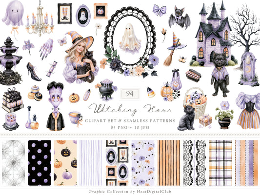 Witching Hour - Watercolor Halloween Clipart & Seamless Patterns Bundle, Spooky Witch Graphics | 94 PNG/JPEG