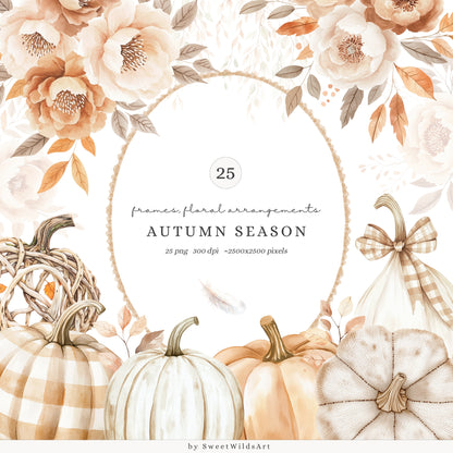 Autumn Season - Floral Arrangements, Fall Bouquets, Beige, Rustic Pumpkins | 25 PNG