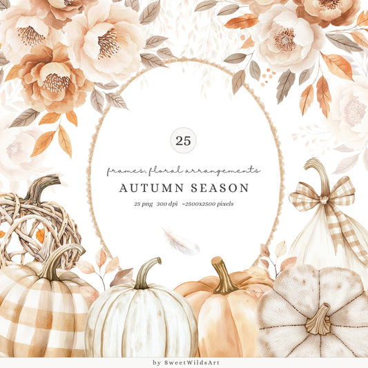 Autumn Season - Floral Arrangements, Fall Bouquets, Beige, Rustic Pumpkins | 25 PNG