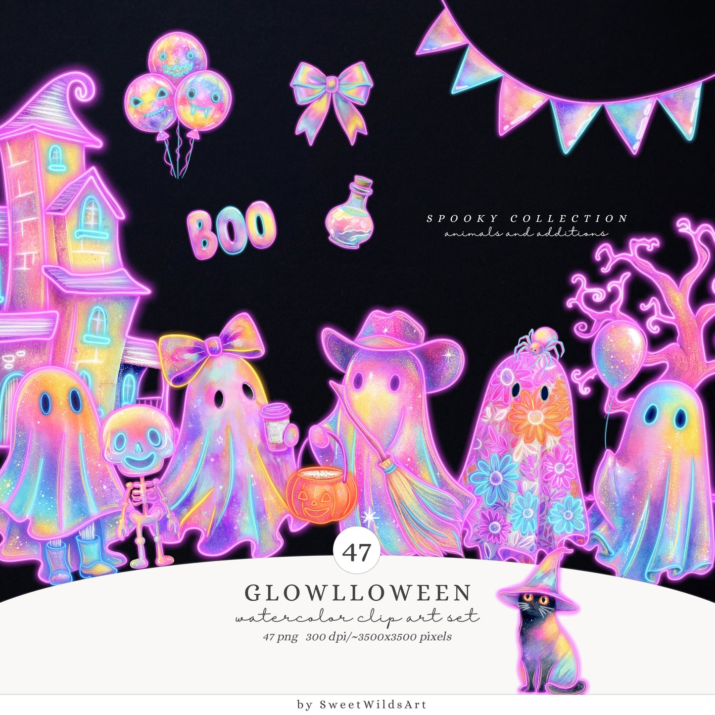 Glowlloween - Halloween Collection Bundle, Neon Ghost, Cute Spooky | 79 PNG/JPEG