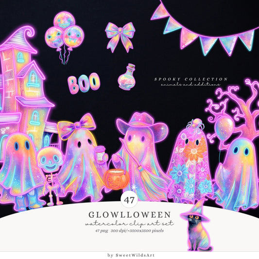 Glowlloween - Neon Halloween Clipart, Ghost, Cute Spooky, Pumpkins | 47 PNG