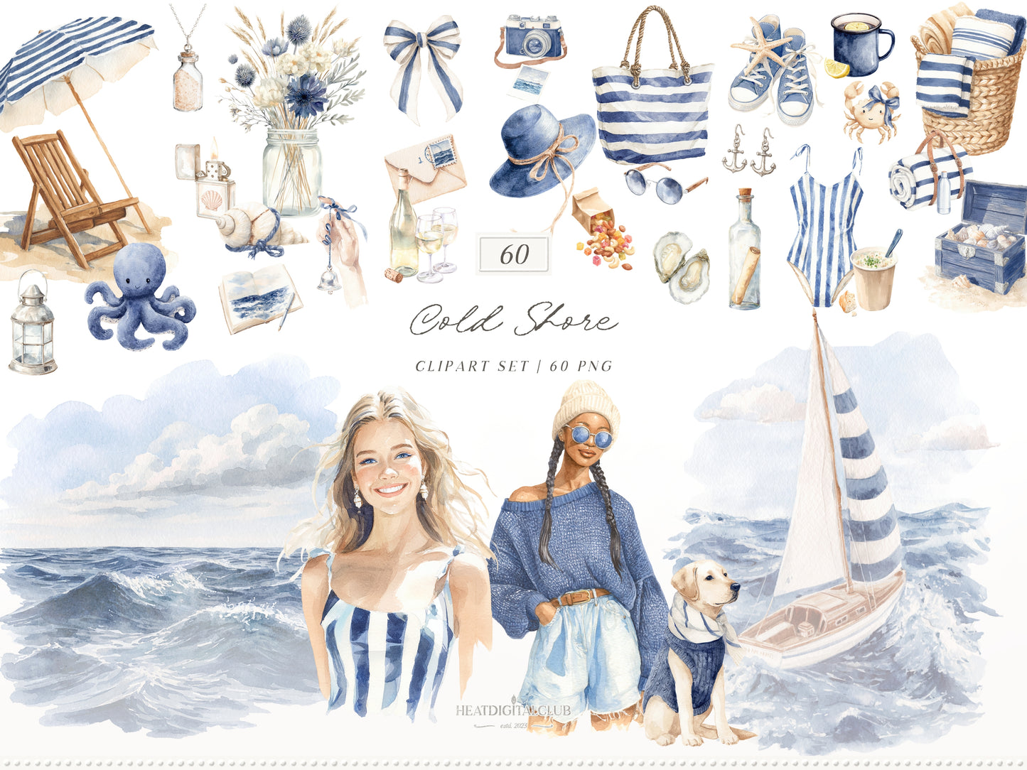 Cold Shore - Clipart Bundle, Navy Coastal Girls, Summer Beach, Nautical Graphics, Blue Sea Fashion | 94 PNG/JPEG