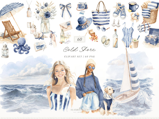 Cold Shore - Clipart, Navy Coastal Girls, Summer Beach, Nautical Graphics, Blue Sea Fashion | 60 PNG