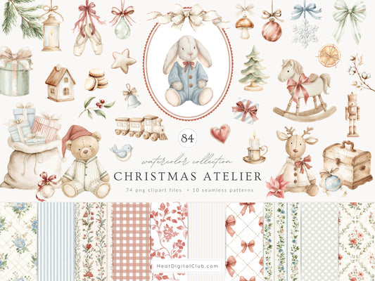 Christmas Atelier - Cute Vintage Holiday Toys Clipart, Winter Grandmillennial Nursery | 84 PNG/JPEG