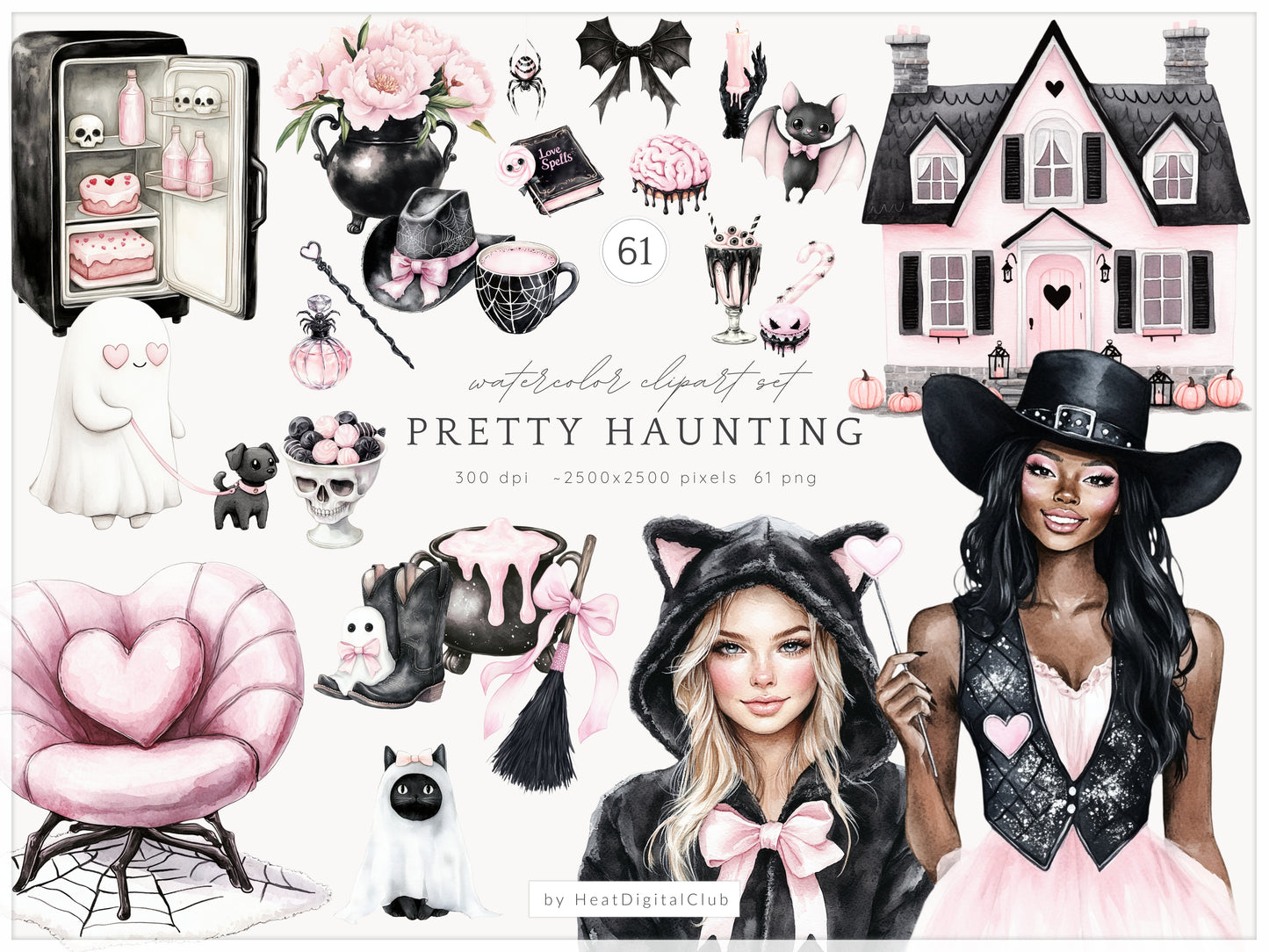 Pretty Haunting - Collection Bundle, Black & Pink Halloween, Haunted House | 91 PNG/JPEG