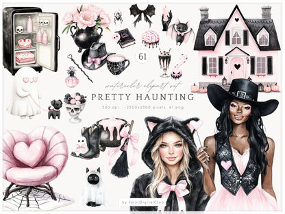 Pretty Haunting - Collection Bundle, Black & Pink Halloween, Haunted House | 91 PNG/JPEG