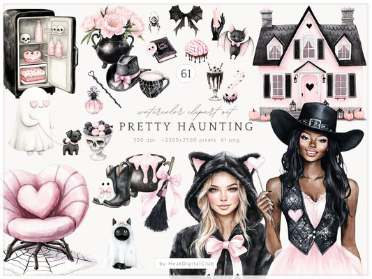 Pretty Haunting - Clipart, Black & Pink Halloween, Cozy Spooky Haunted House| 61 PNG