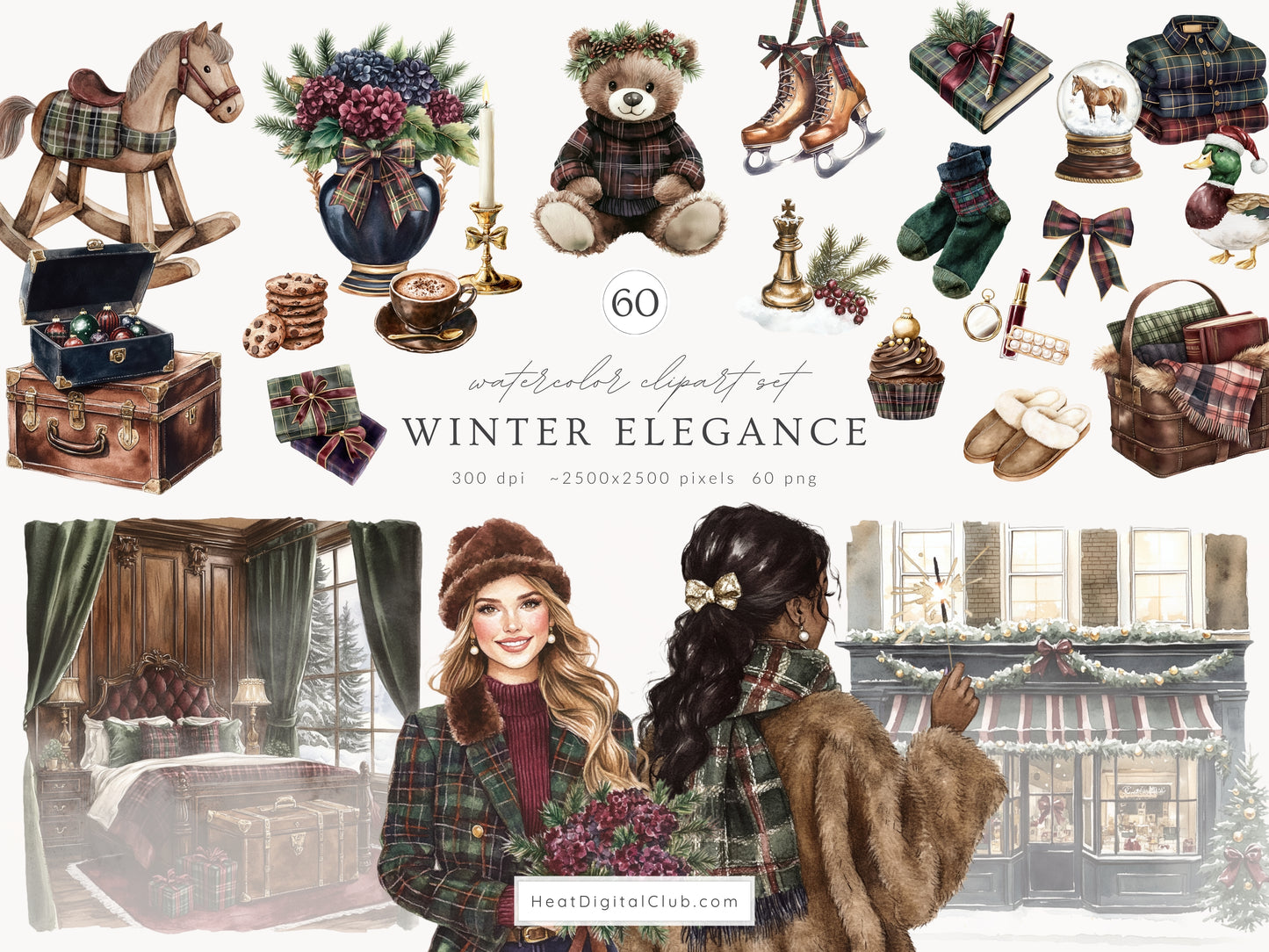 Winter Elegance - Watercolor Clipart, Aristocratic Christmas, Tartan Holiday, Cozy | 93 PNG/JPEG