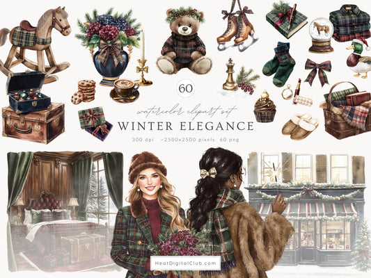 Winter Elegance - Watercolor Clipart, Aristocratic Christmas, Tartan Holiday | 60 PNG