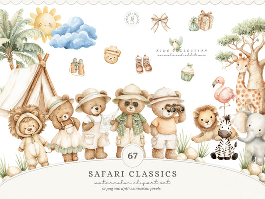 Safari Classics - Teddy Bear Clipart, Cute Jungle Animals, Baby Shower Nursery | 67 PNG