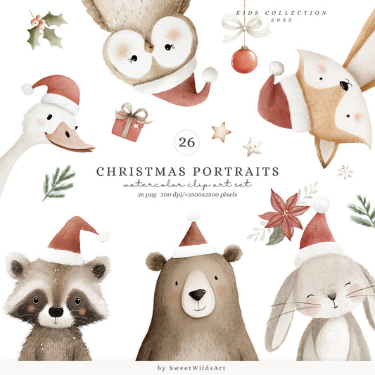 Christmas Portraits - Cute Animals, Baby Shower, Winter Nursery | 26 PNG