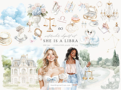 She is a Libra - Watercolor Clipart, Zodiac, Balance Scales, Feminine Zodiac, Astrology | 60 PNG