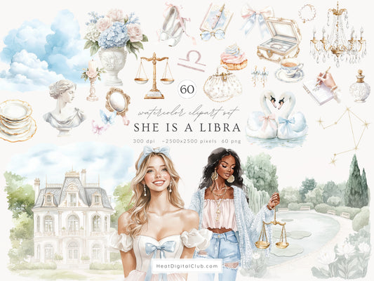 She is a Libra - Watercolor Clipart, Zodiac, Balance Scales, Feminine Zodiac, Astrology | 60 PNG