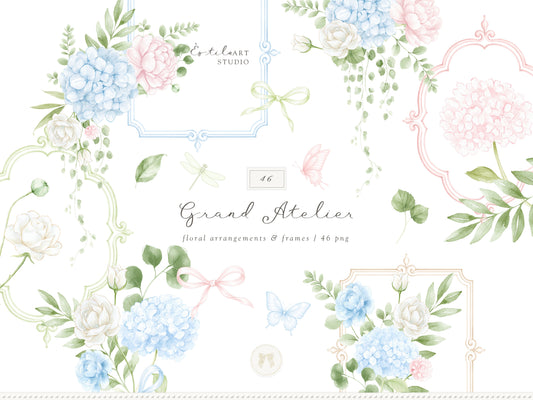 Grand Atelier - Floral Arrangements Clipart, Blue Hydrangea, Pink Peony Flowers, Baby Shower | 46 PNG