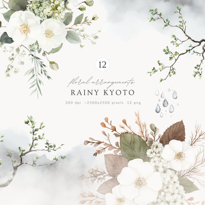 Rainy Kyoto - Floral Arrangements, White Elegant Flowers, Japanese Botanical | 12 PNG