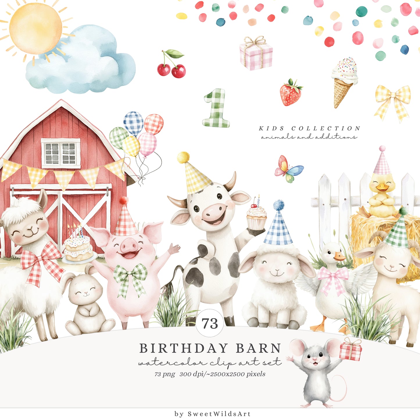 Birthday Barn - Collection Bundle, Farm Animal, Kids Party, Cow, Pig | 121 PNG/JPEG