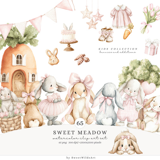 Sweet Meadow - Bunny Clipart, Cute Easter Rabbits, Pink Cottagecore Bunnies, Nursery Animals | 65 PNG