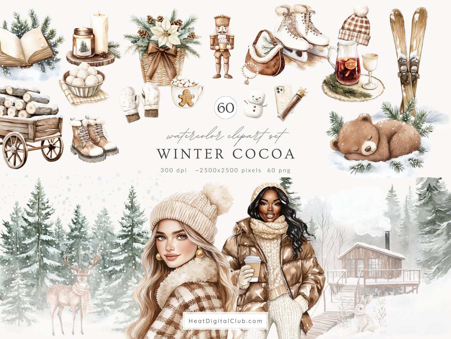 Winter Cocoa - Watercolor Clipart & Patterns Collection, Elegant Cozy Christmas | 93 PNG/JPEG