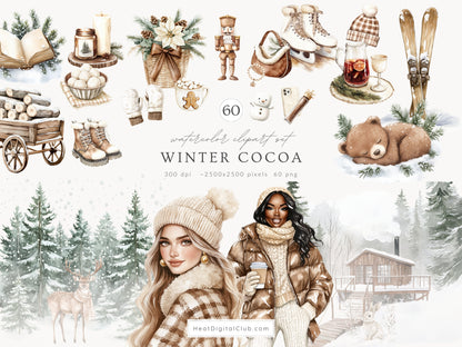 Winter Cocoa - Watercolor Clipart & Patterns Collection, Elegant Cozy Christmas | 93 PNG/JPEG