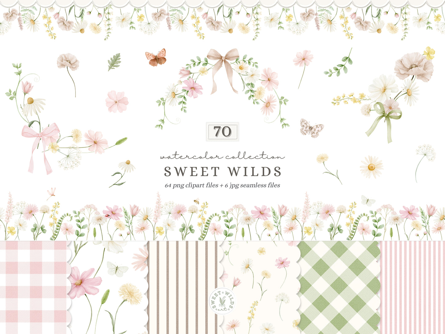 Sweet Wilds - Wildflowers Clipart, Meadow Flowers, Coquette Floral, Pink Ivory Flowers, Baby Shower | 70 PNG/JPEG