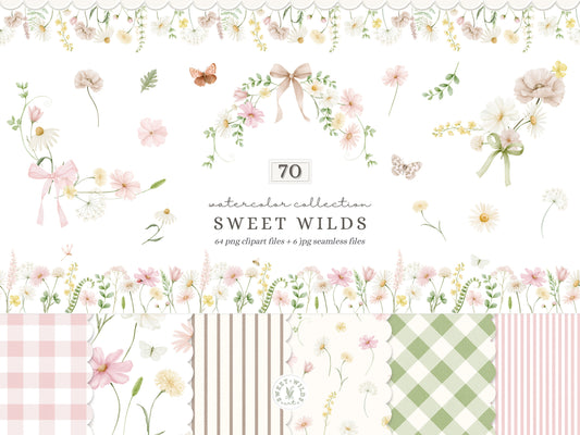 Sweet Wilds - Wildflowers Clipart, Meadow Flowers, Coquette Floral, Pink Ivory Flowers, Baby Shower | 70 PNG/JPEG