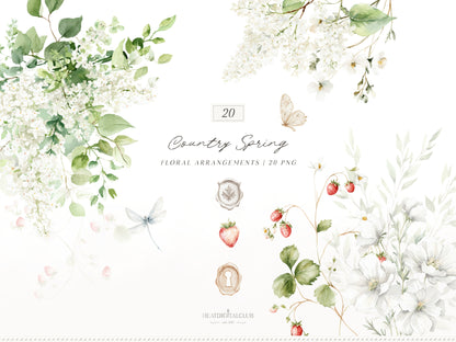 Country Spring - Floral Arrangements Clipart, White Lilac Flowers, Soft Neutral Bouquet, Cottagecore Floral | 20 PNG