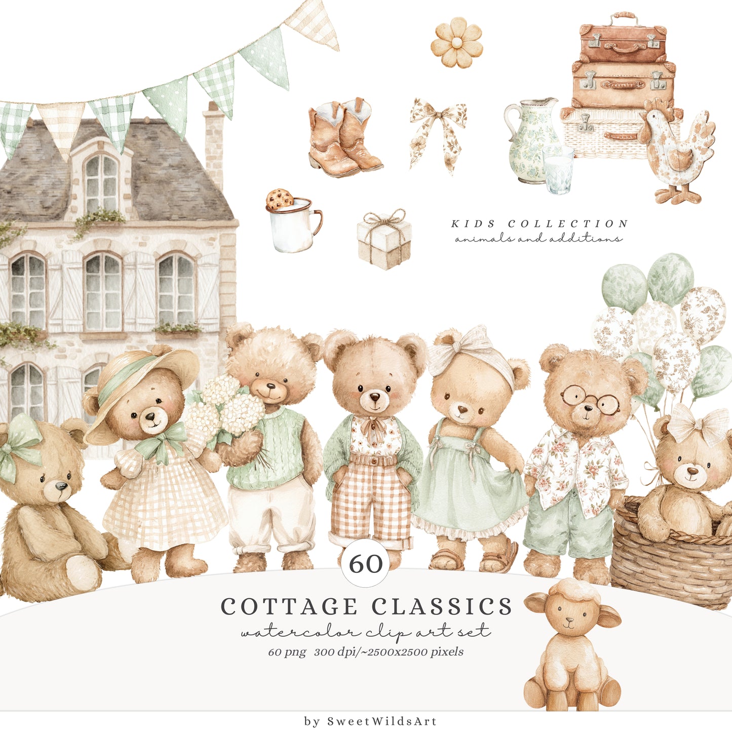 Cottage Classics - Teddy Bears Clipart, Kids Nursery, Vintage Toys, Grandmillennial | 60 PNG