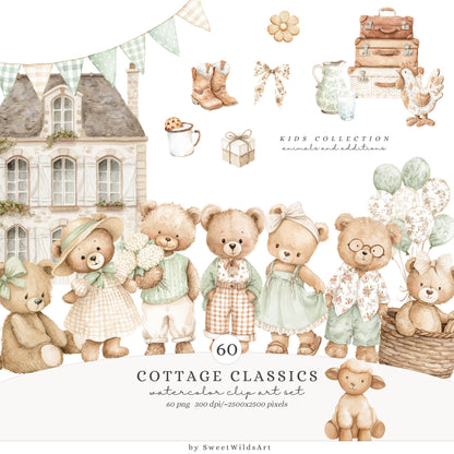 Cottage Classics - Teddy Bears Clipart, Kids Nursery, Vintage Toys, Grandmillennial | 60 PNG