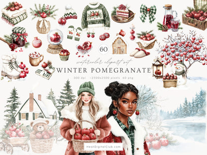 Winter Pomegranate - Collection Bundle, Christmas, Holiday Fruits, Rustic Xmas | 90 PNG/JPEG