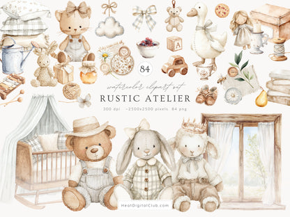 Rustic Atelier - Clipart Set, Cottagecore Plush Toys, French Country Nursery, Neutral Baby | 84 PNG