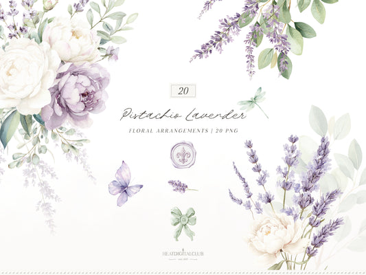 Pistachio Lavender - Floral Arrangements Clipart, Ivory Peony & Lavender Bouquet, Spring French Botanical | 20 PNG