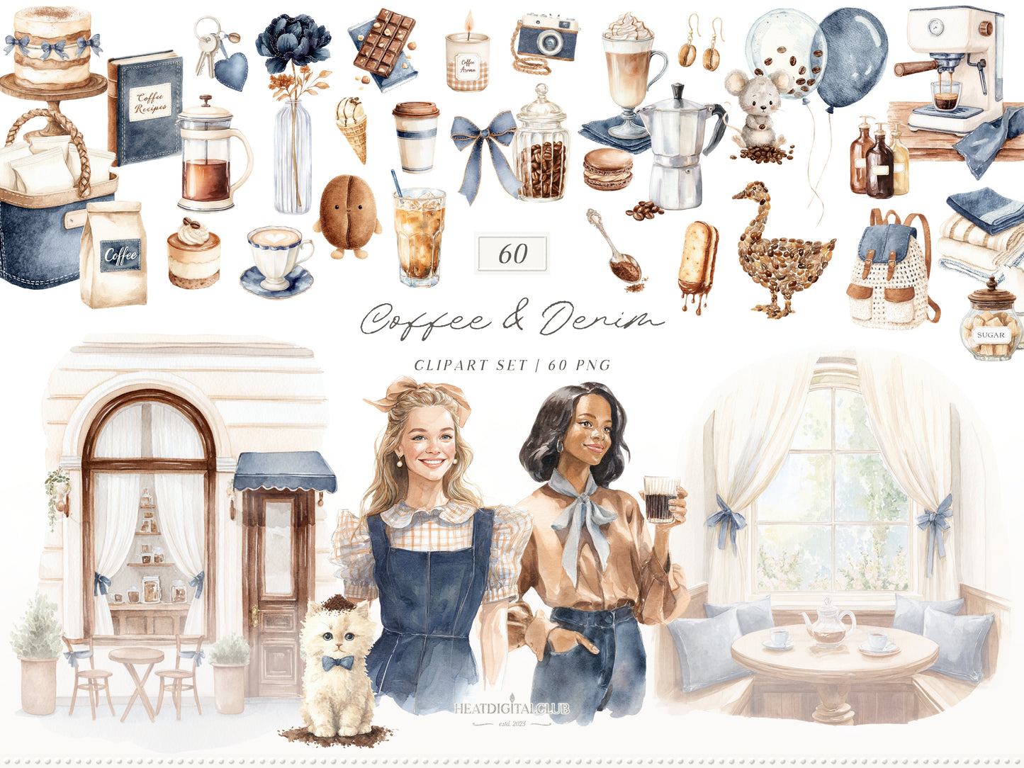 Coffee & Denim - Clipart Set, Denim Aesthetic, Cafe Decor, Cozy Lifestyle Cottagecore | 60 PNG