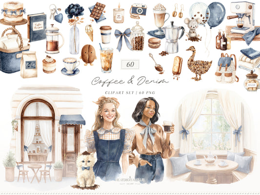 Coffee & Denim - Clipart Set, Denim Aesthetic, Cafe Decor, Cozy Lifestyle Cottagecore | 60 PNG