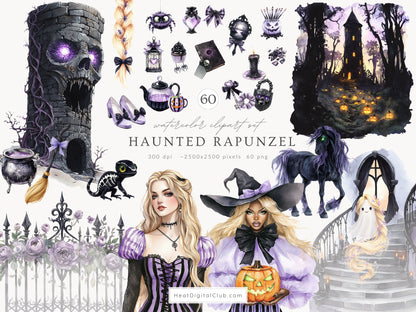 Haunted Rapunzel -  Watercolor Collection Bundle, Clipart, Patterns & Florals | 90 PNG/JPEG