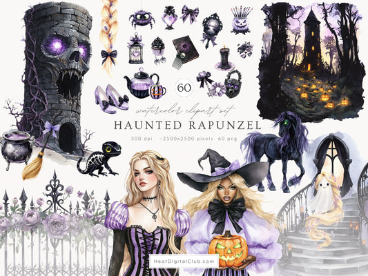 Haunted Rapunzel - Watercolor Clipart Set, Fairytale Gothic Halloween | 60 PNG