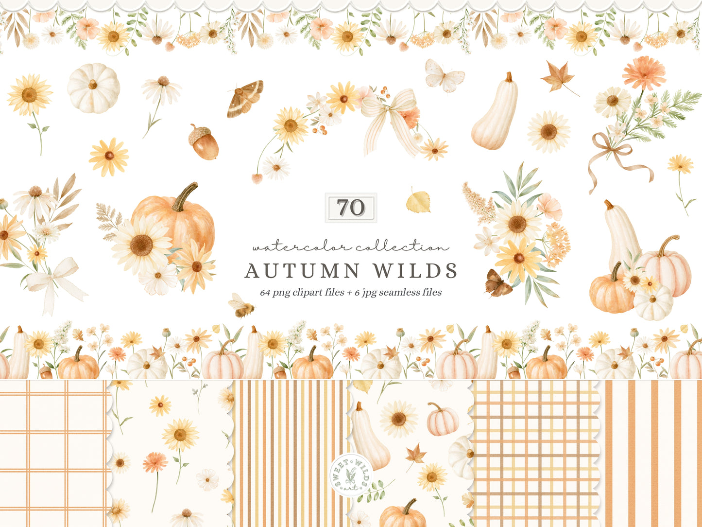 Fall Wilds - Watercolor Flowers Clipart, Autumn Meadow Floral,  Baby Shower Elements | 70 PNG/JPEG