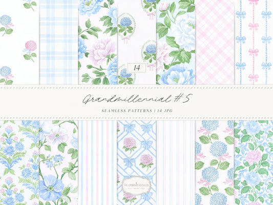 Grandmillennial Set 5 - Seamless Patterns, Pastel Floral, Stripes, Plaid, Pink & Blue Digital Repeating Pattern | 14 JPEG