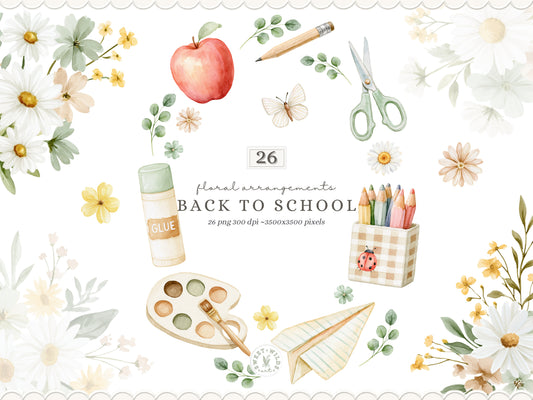 Back To School - Watercolor Floral Arrangements Clipart Bundle, School Additions | 26 PNG