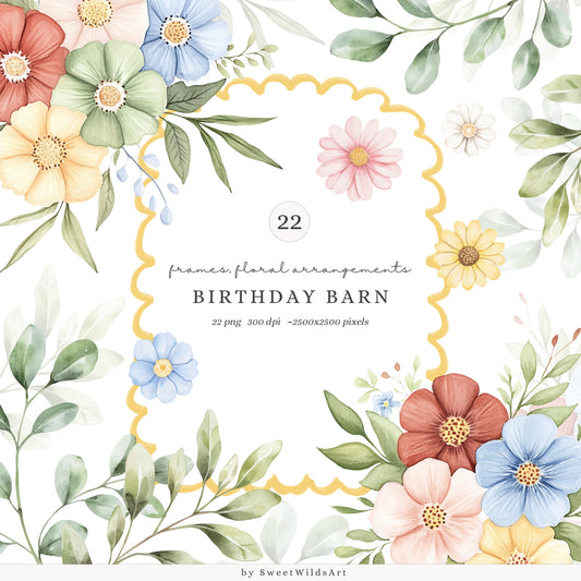 Birthday Barn - Floral Arrangements, Watercolor Flowers, Baby Shower Greenery | 22 PNG