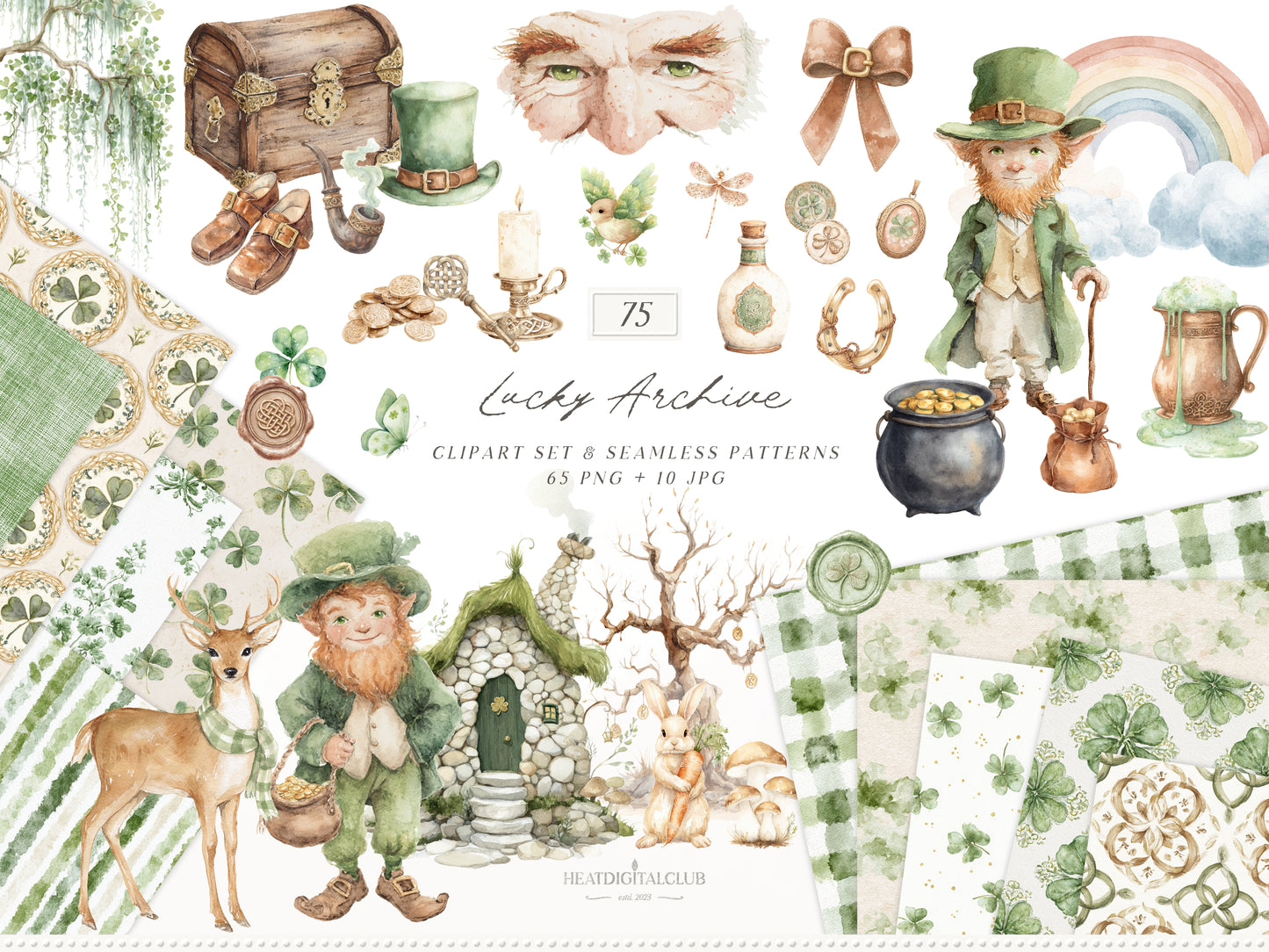 Lucky Archive - St. Patrick’s Day Clipart, Leprechaun, Clover, Shamrock Patterns, Irish Cottage, Rainbow | 75 PNG/JPEG