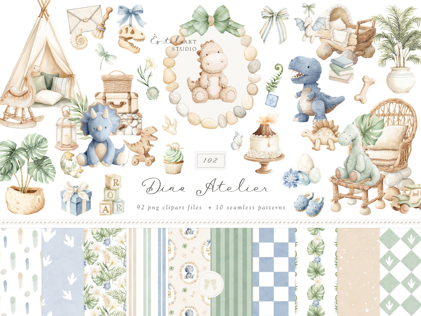 Dino Atelier - Clipart, Baby Dinosaurs, Plush Toys Animals, Prehistoric Baby Shower, Nursery | 102 PNG/JPEG