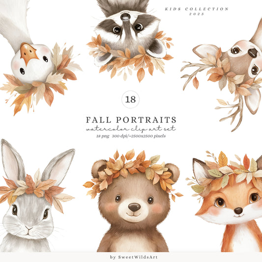 Fall Portraits - Cute Animals Clipart, Baby Shower, Autumn Nursery | 18 PNG
